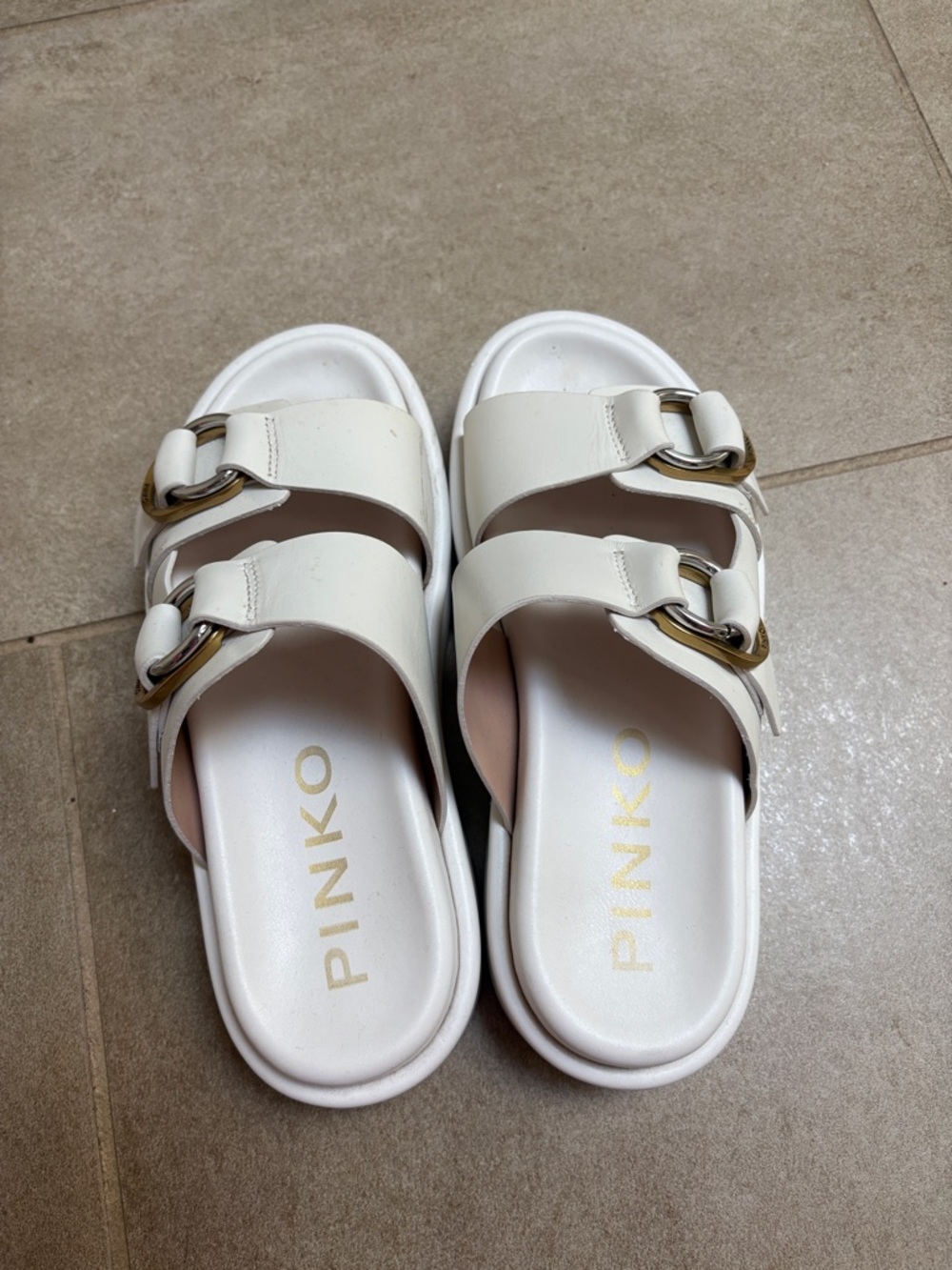 Pinko White Slide Sandals with Gold Buckle Detail